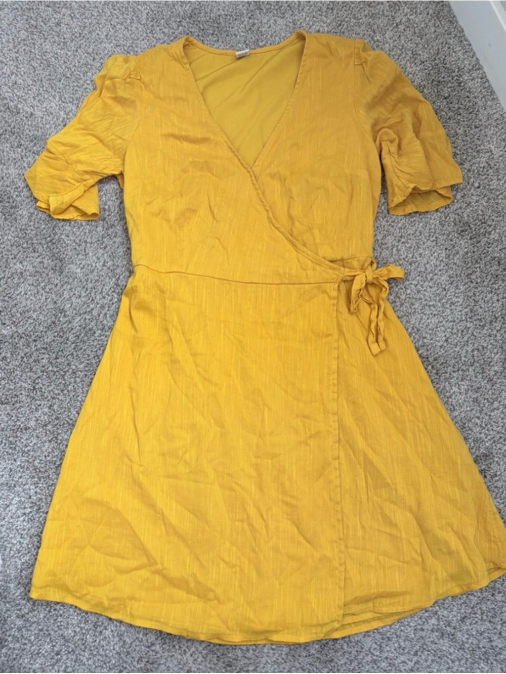 Old Navy Yellow Wrap Midi Dress with Short Puff Sleeves